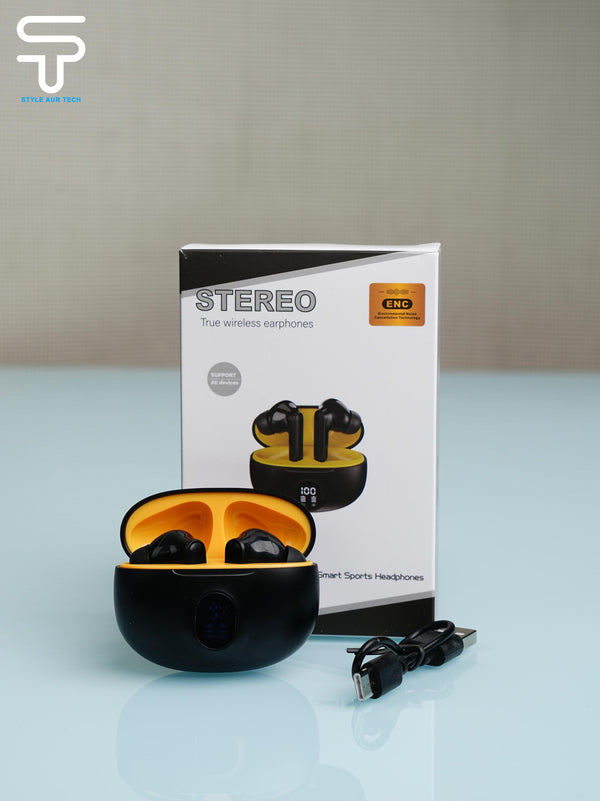 Stereo ENC True Wireless Earbuds – Digital Display, Deep Bass, Sports Fit (Yellow–Black Edition)